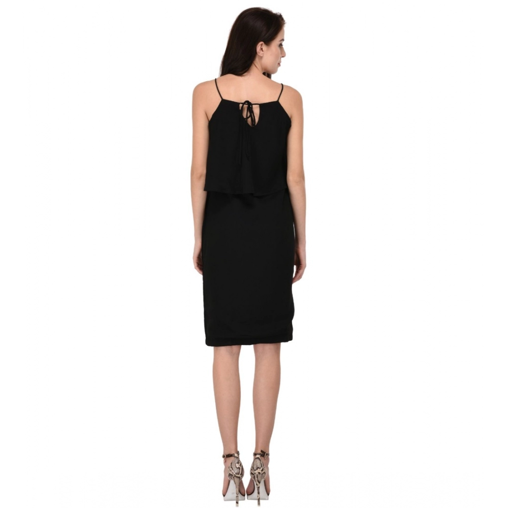 Women's Cotton Blend Solid Sleeveless Dress (Black) - Image 5