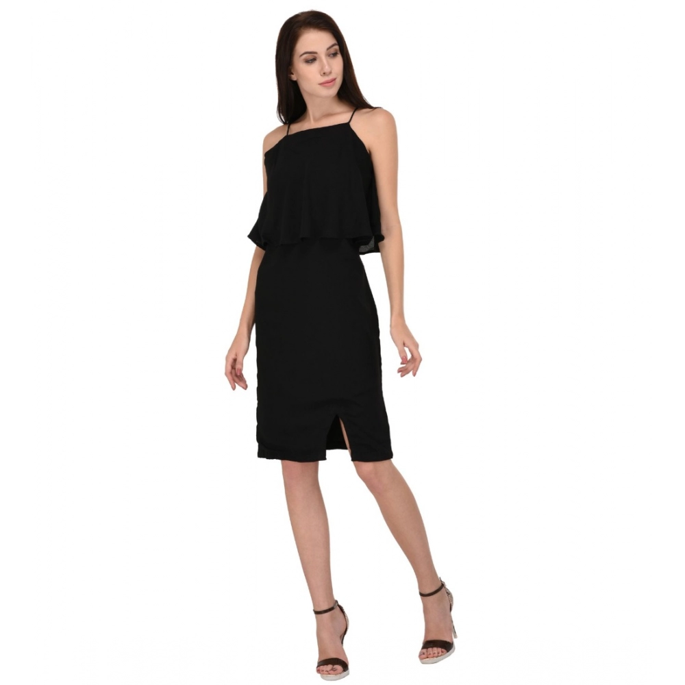 Women's Cotton Blend Solid Sleeveless Dress (Black) - Image 2