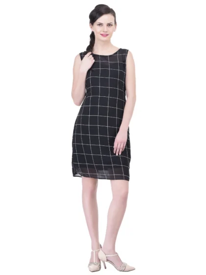 Women's Cotton Blend Checked Sleeveless Sheath Dress (Black)