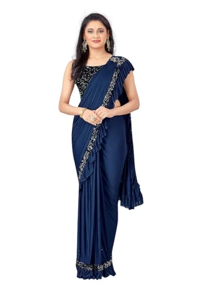 Women's Lycra Solid Saree With Unstitched Blouse (Nay Blue, 5.5 Mtr)