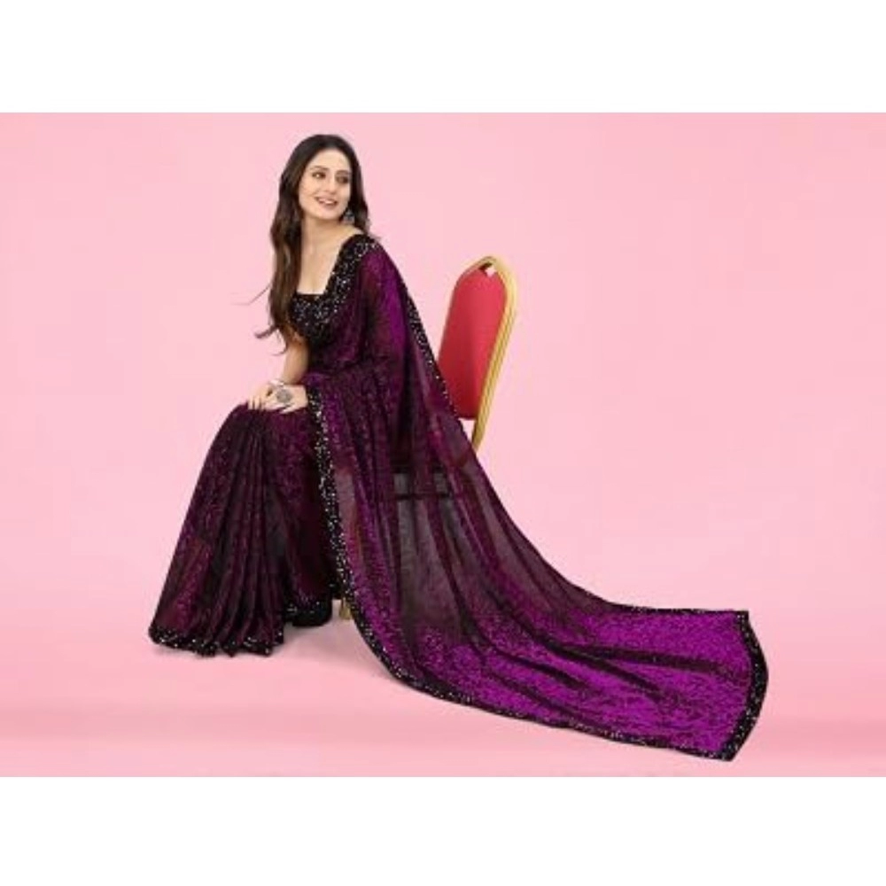 Women's Lycra Floral Saree With Unstitched Blouse (Wine, 5.5 Mtr) - Image 4
