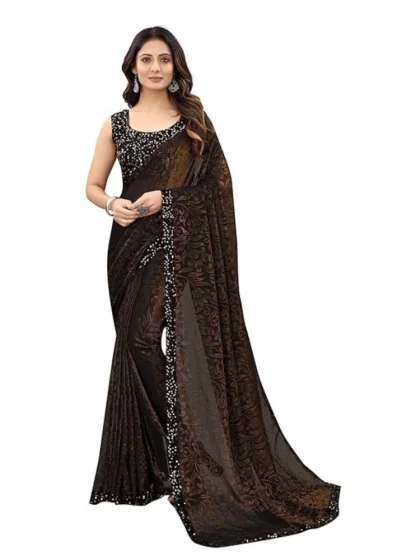 Women's Lycra Floral Saree With Unstitched Blouse (Brown, 5.5 Mtr)