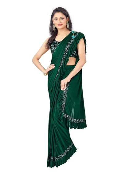 Women's Lycra Solid Saree With Unstitched Blouse (Green, 5.5 Mtr)