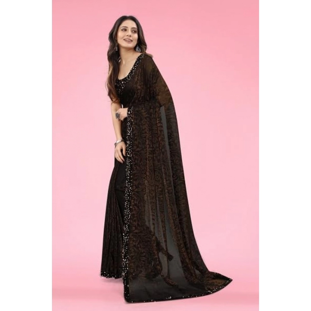 Women's Lycra Floral Saree With Unstitched Blouse (Brown, 5.5 Mtr) - Image 2