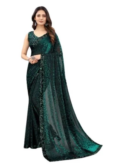 Women's Lycra Floral Saree With Unstitched Blouse (Green, 5.5 Mtr)
