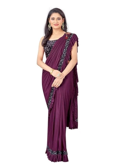 Women's Lycra Solid Saree With Unstitched Blouse (Wine, 5.5 Mtr)