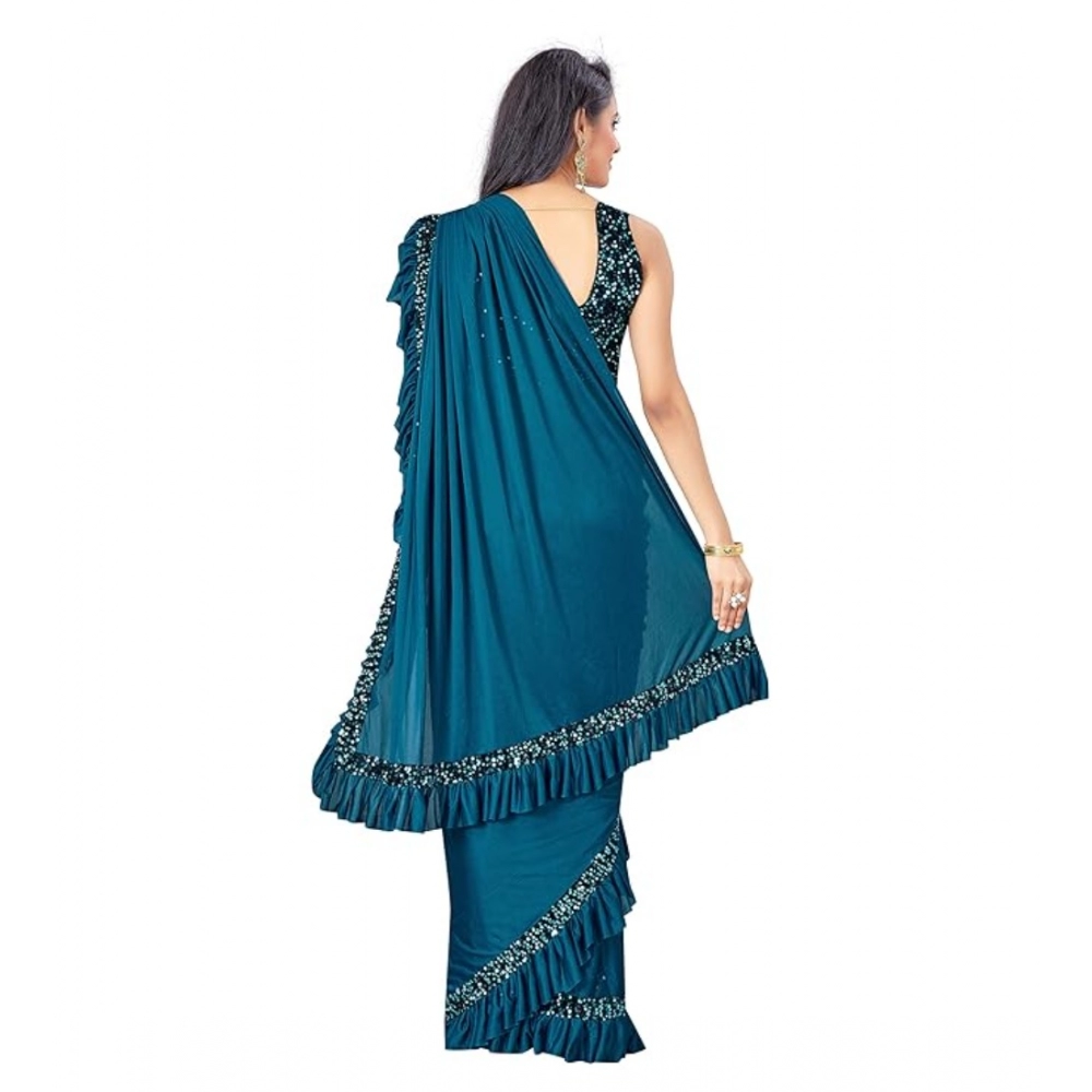 Women's Lycra Solid Saree With Unstitched Blouse (Rama, 5.5 Mtr) - Image 2