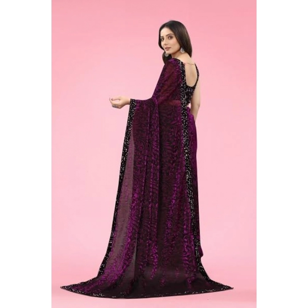Women's Lycra Floral Saree With Unstitched Blouse (Wine, 5.5 Mtr) - Image 2