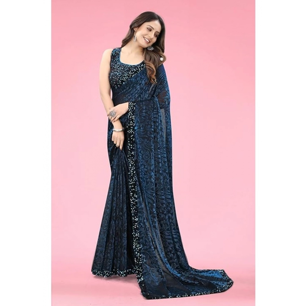 Women's Lycra Floral Saree With Unstitched Blouse (Blue, 5.5 Mtr) - Image 4