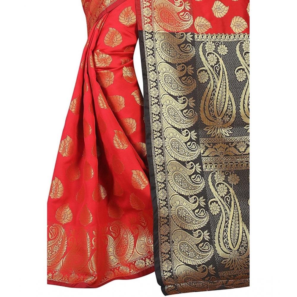 Women's Jacquard Woven Saree With Unstitched Blouse 5.5Mtr (Red) - Image 4