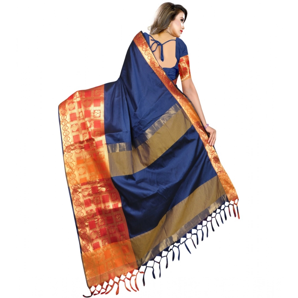 Women's Jacquard Woven Saree With Unstitched Blouse 5.5Mtr (Blue) - Image 2