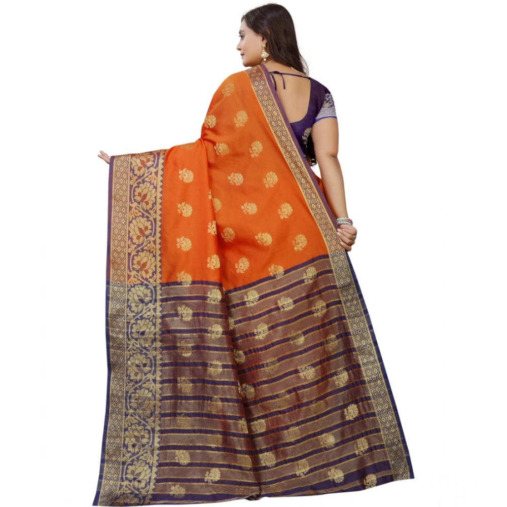 Women's Silk Blend Woven Saree With Unstitched Blouse 5.5Mtr (Gold-Orange) - Image 2