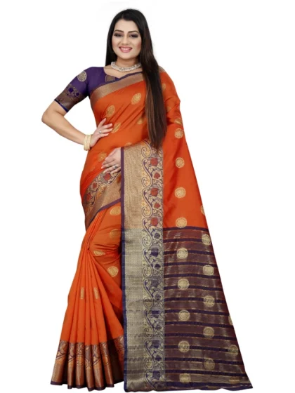 Women's Silk Blend Woven Saree With Unstitched Blouse 5.5Mtr (Blue-Orange)