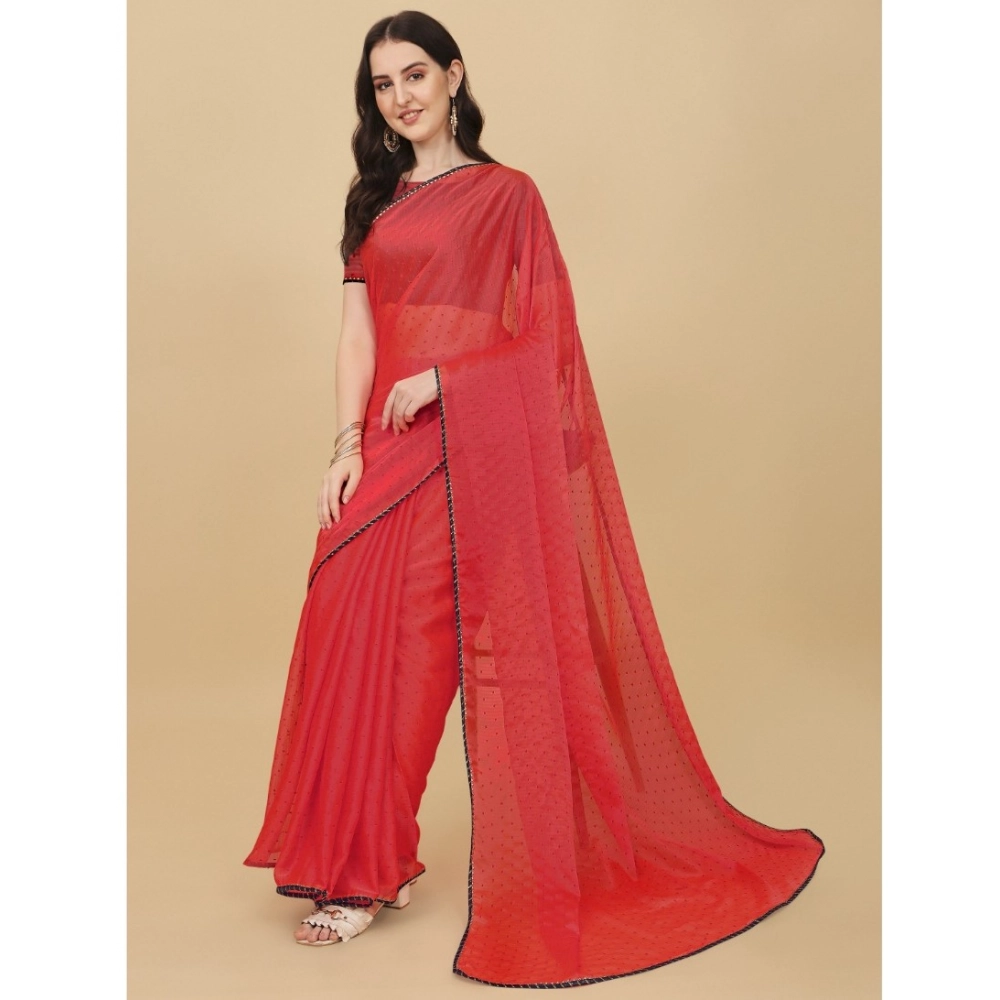 Women's Silk Blend Embellished Saree With Unstitched Blouse 5.5Mtr (Red) - Image 2