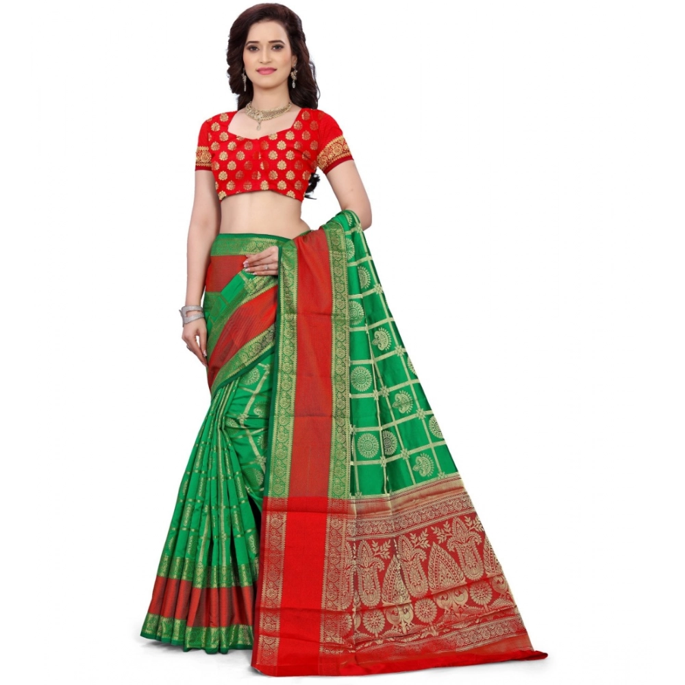 Women's Jacquard Woven Saree With Unstitched Blouse 5.5Mtr (Green) - Image 4