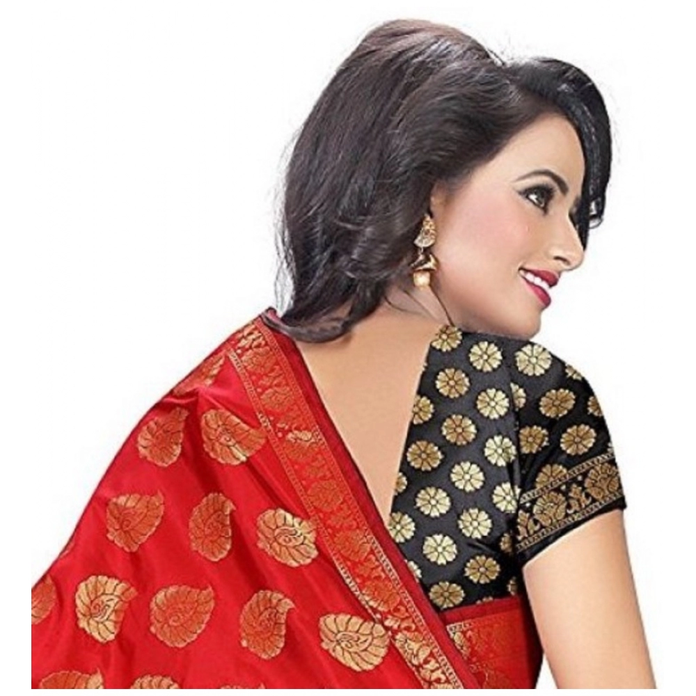 Women's Jacquard Woven Saree With Unstitched Blouse 5.5Mtr (Red) - Image 2