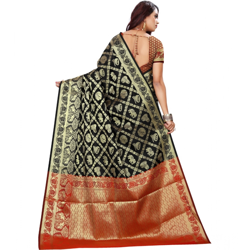 Women's Jacquard Woven Saree With Unstitched Blouse 5.5Mtr (Black) - Image 3