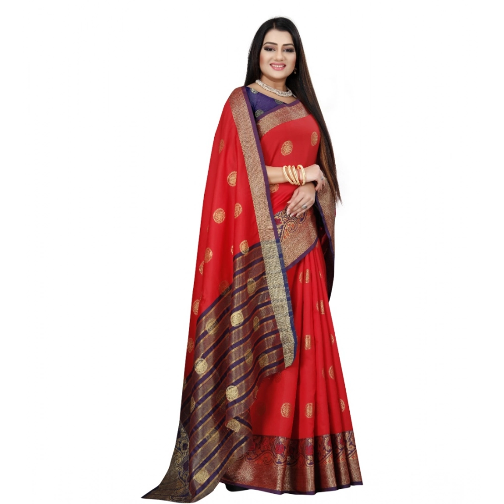 Women's Silk Blend Woven Saree With Unstitched Blouse 5.5Mtr (Red-Blue) - Image 2