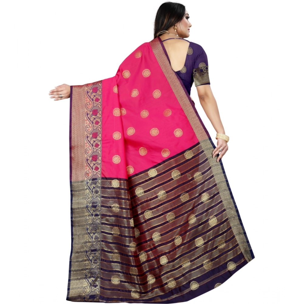 Women's Silk Blend Woven Saree With Unstitched Blouse 5.5Mtr (Blue-Pink) - Image 2