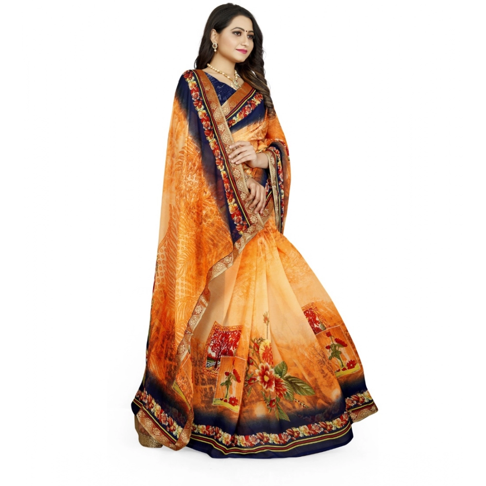 Women's Georgette Floral Print Saree With Unstitched Blouse 5.5Mtr (Blue-Orange) - Image 3