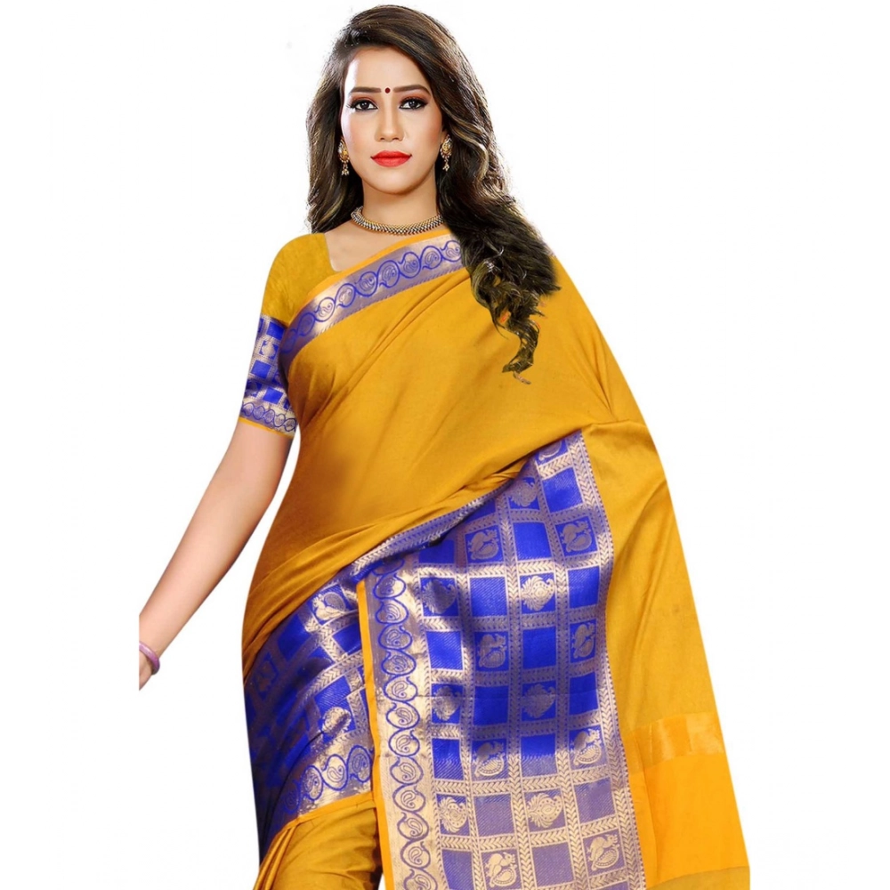 Women's Jacquard Woven Saree With Unstitched Blouse 5.5Mtr (Mustard) - Image 4