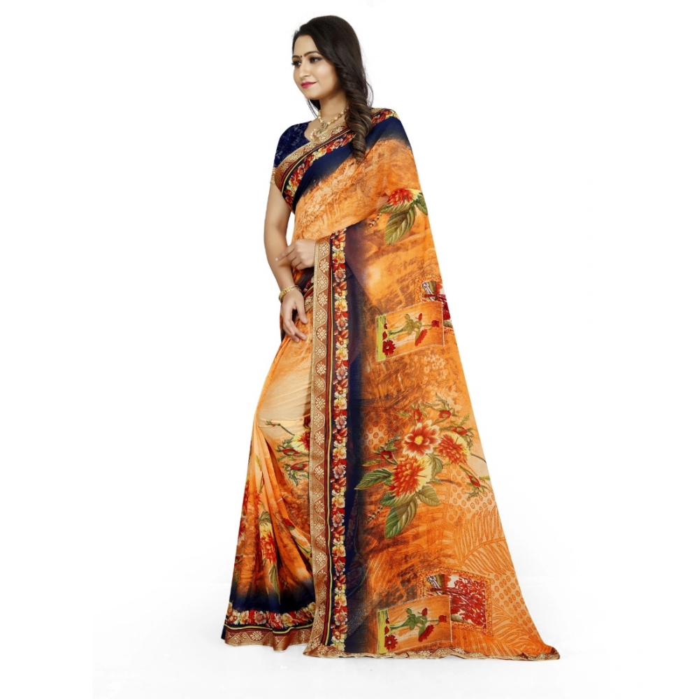Women's Georgette Floral Print Saree With Unstitched Blouse 5.5Mtr (Blue-Orange) - Image 4