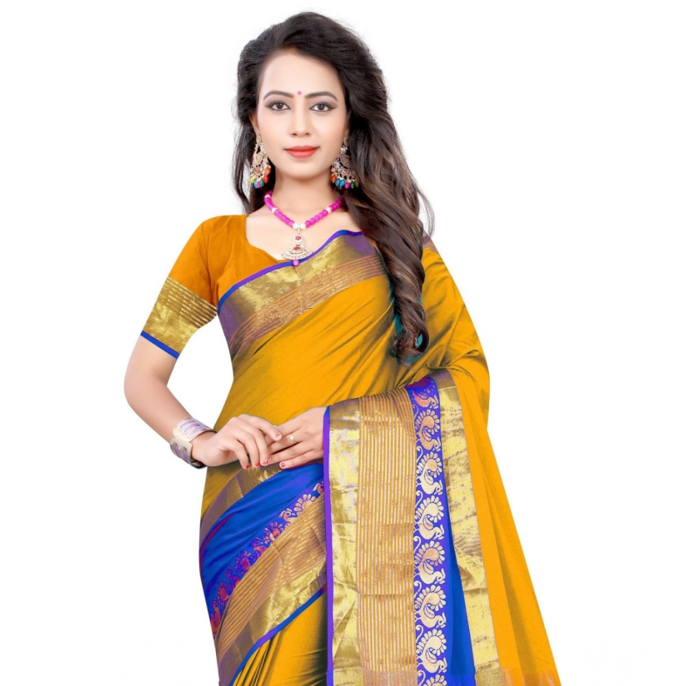 Women's Jacquard Woven Saree With Unstitched Blouse 5.5Mtr (Yellow) - Image 4