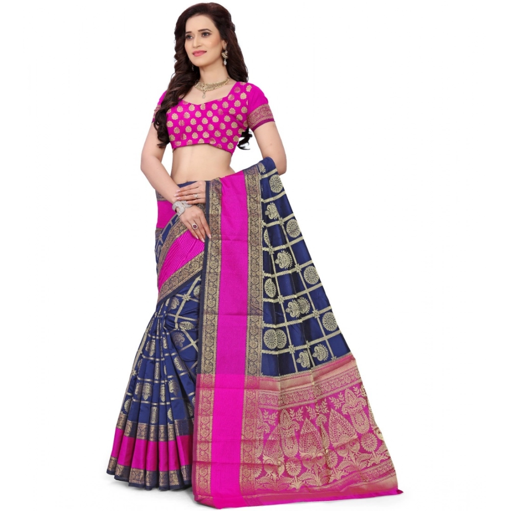 Women's Jacquard Woven Saree With Unstitched Blouse 5.5Mtr (Blue) - Image 3