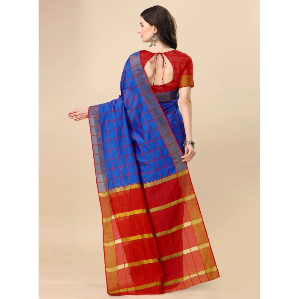 Women's Cotton Silk Checkered Saree With Unstitched Blouse 5.5Mtr (Blue) - Image 2