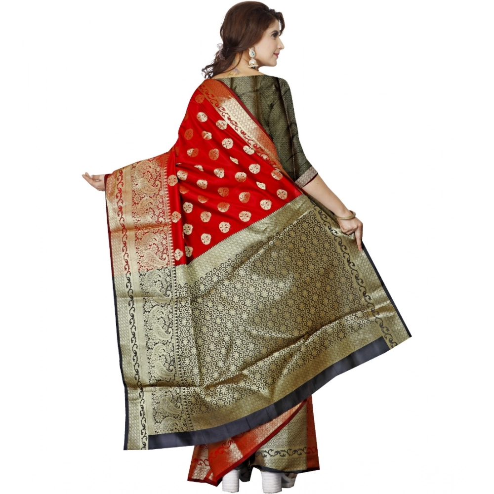 Women's Jacquard Woven Saree With Unstitched Blouse 5.5Mtr (Red) - Image 2