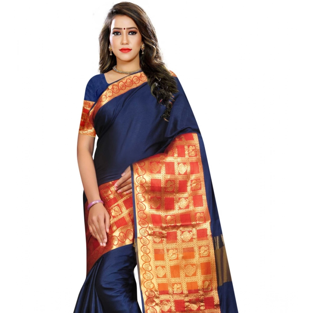 Women's Jacquard Woven Saree With Unstitched Blouse 5.5Mtr (Blue) - Image 4