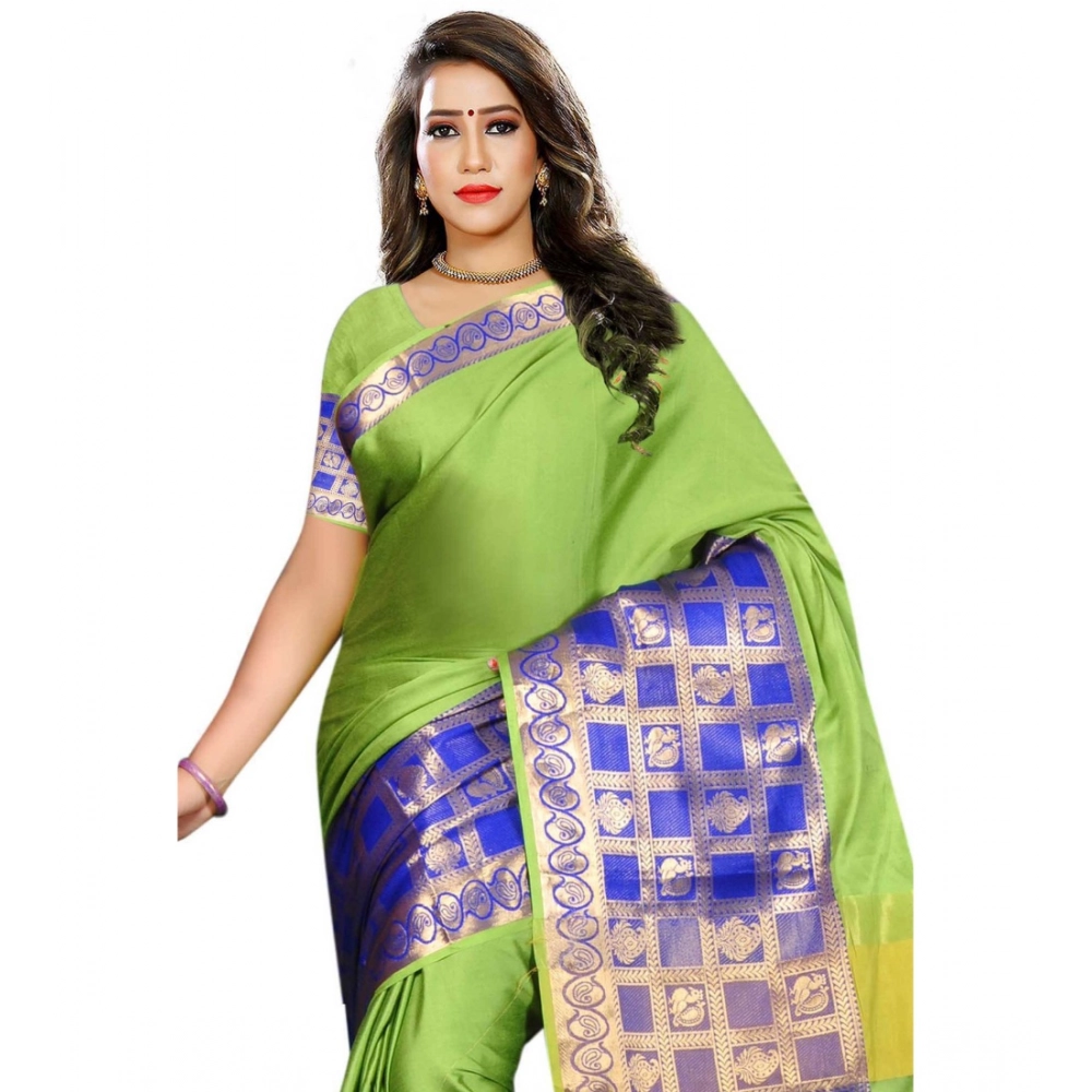 Women's Jacquard Woven Saree With Unstitched Blouse 5.5Mtr (Green) - Image 4