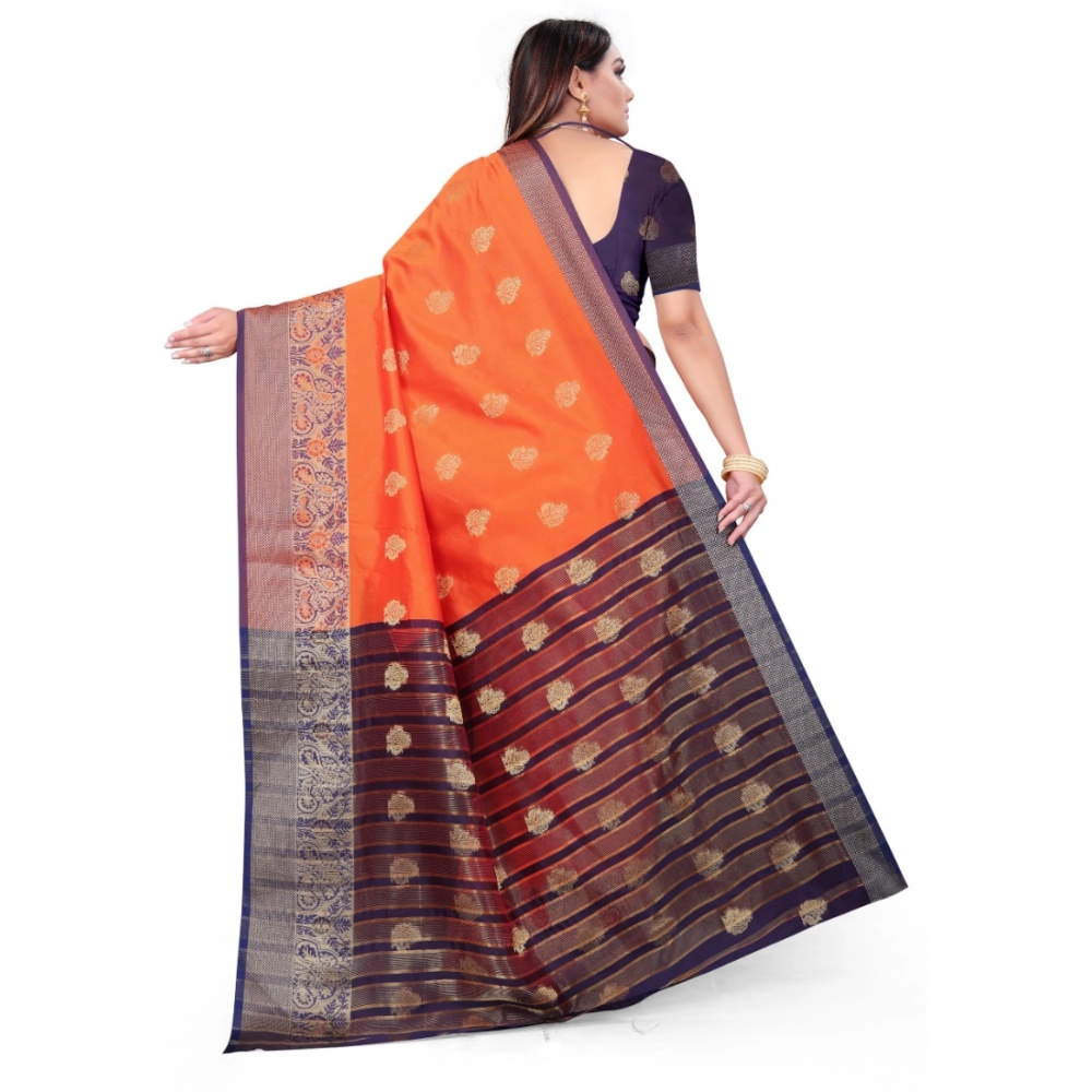 Women's Silk Blend Woven Saree With Unstitched Blouse 5.5Mtr (Orange) - Image 4