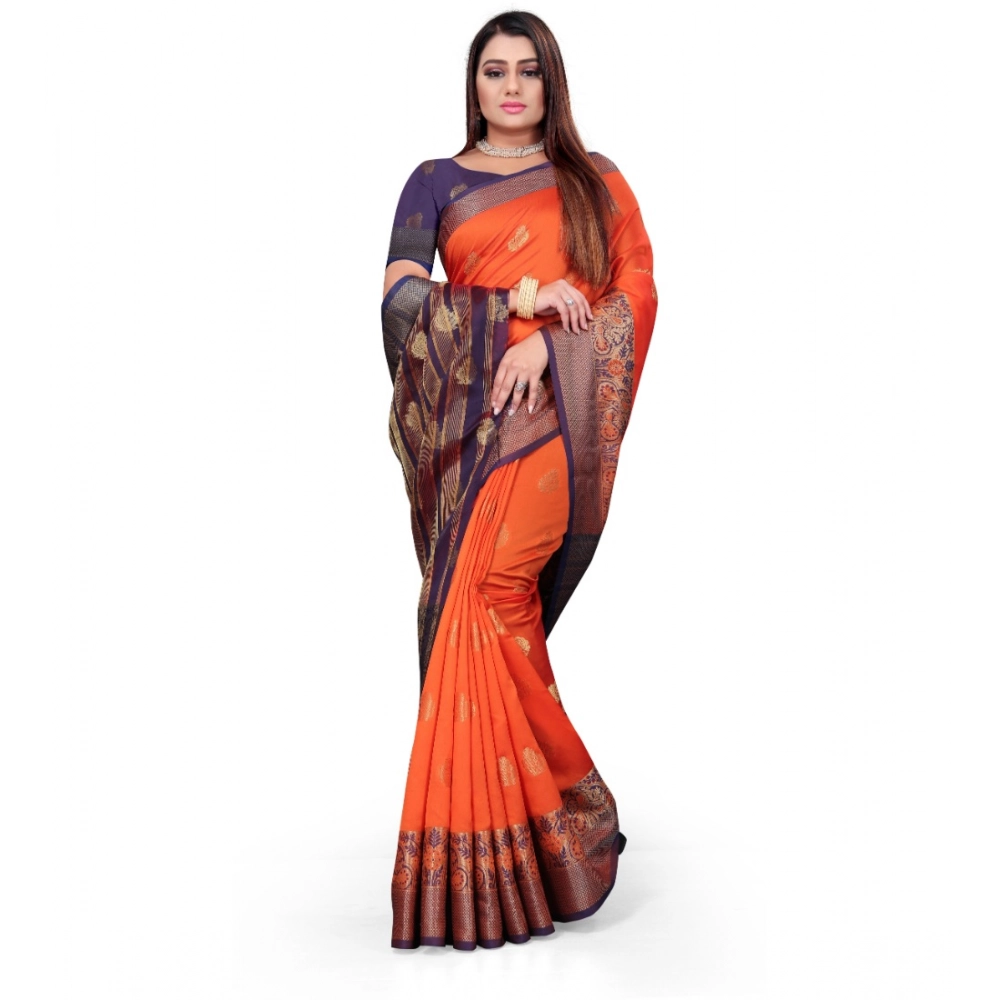 Women's Silk Blend Woven Saree With Unstitched Blouse 5.5Mtr (Orange) - Image 3