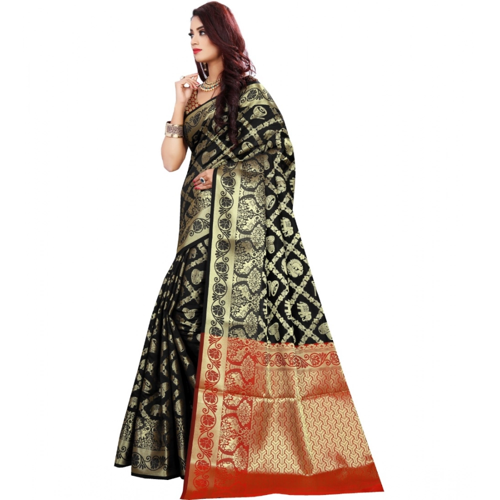 Women's Jacquard Woven Saree With Unstitched Blouse 5.5Mtr (Black) - Image 2