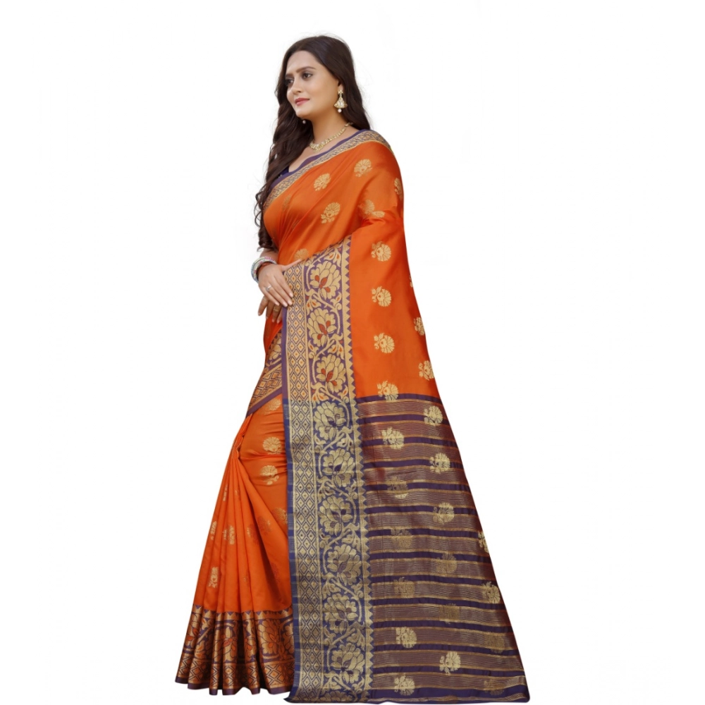 Women's Silk Blend Woven Saree With Unstitched Blouse 5.5Mtr (Gold-Orange) - Image 4