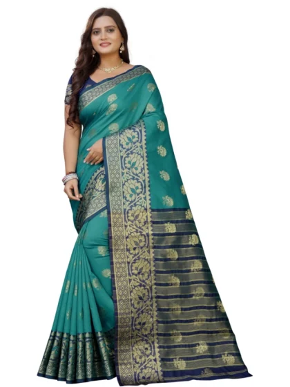Women's Silk Blend Woven Saree With Unstitched Blouse 5.5Mtr (Dark Blue-Green)