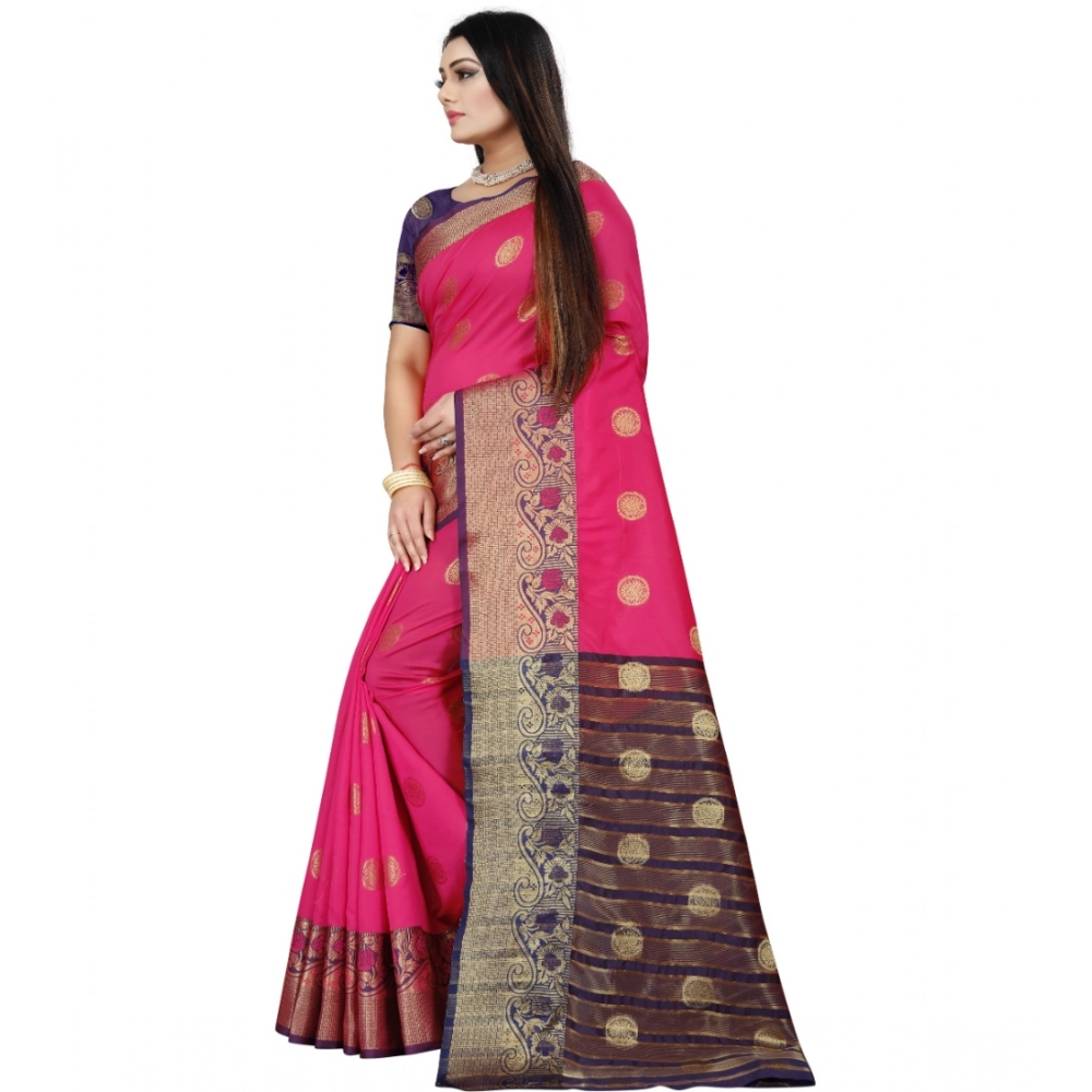 Women's Silk Blend Woven Saree With Unstitched Blouse 5.5Mtr (Blue-Pink) - Image 4