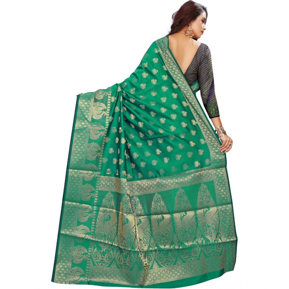 Women's Jacquard Woven Saree With Unstitched Blouse 5.5Mtr (Green) - Image 3