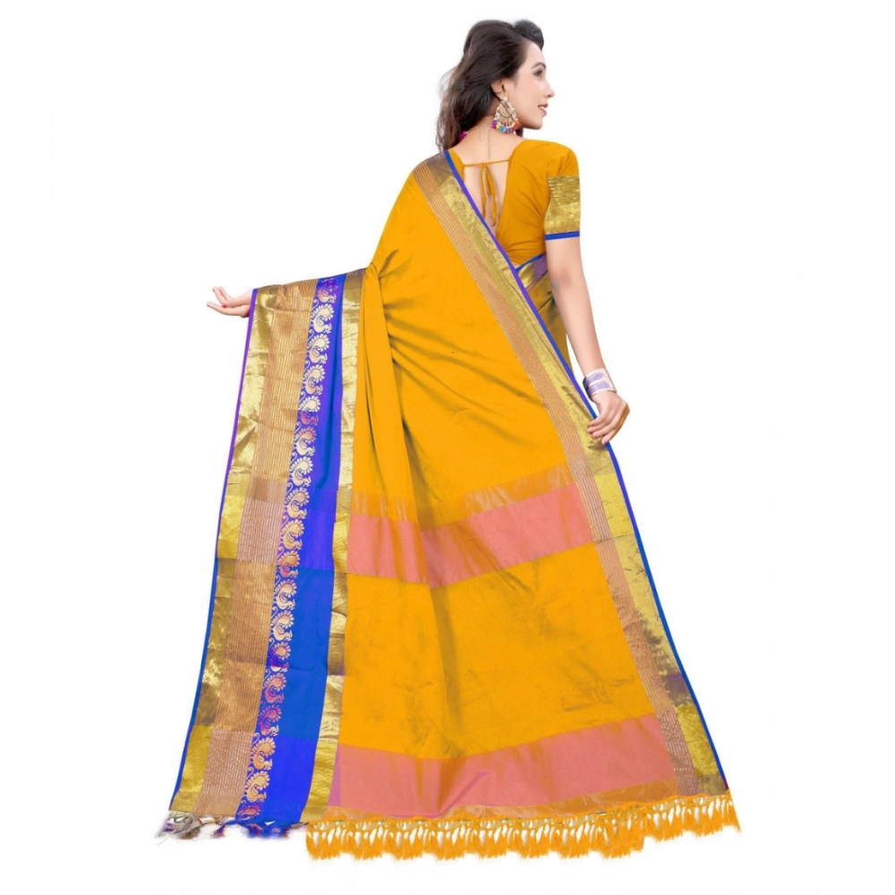 Women's Jacquard Woven Saree With Unstitched Blouse 5.5Mtr (Yellow) - Image 2