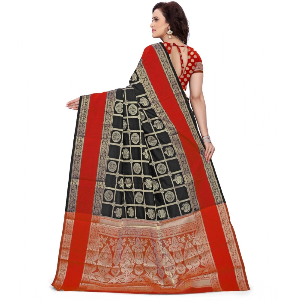 Women's Jacquard Woven Saree With Unstitched Blouse 5.5Mtr (Red-Black) - Image 2