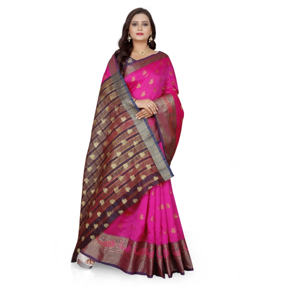 Women's Jacquard Woven Saree With Unstitched Blouse 5.5Mtr (Pink) - Image 2