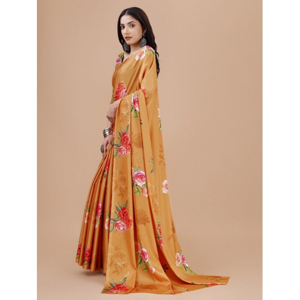 Women's Crepe Digital Print Saree With Unstitched Blouse 5.5Mtr (Mustard) - Image 4