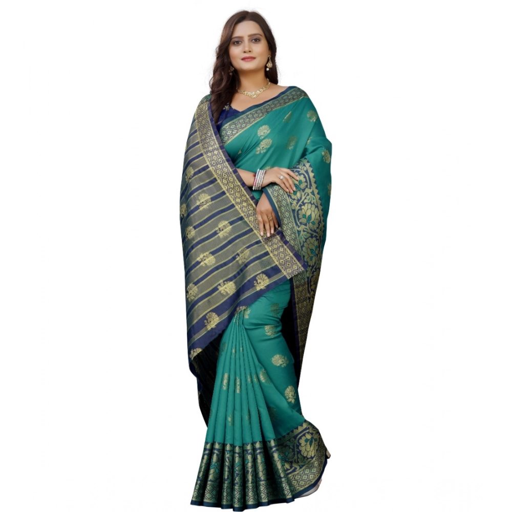Women's Silk Blend Woven Saree With Unstitched Blouse 5.5Mtr (Dark Blue-Green) - Image 3