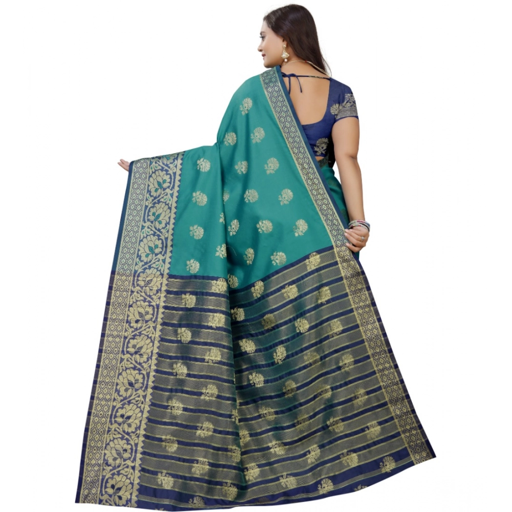 Women's Silk Blend Woven Saree With Unstitched Blouse 5.5Mtr (Dark Blue-Green) - Image 2