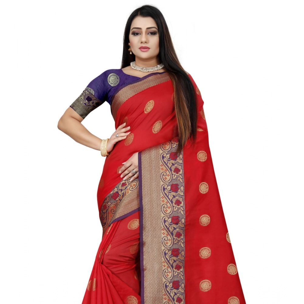 Women's Silk Blend Woven Saree With Unstitched Blouse 5.5Mtr (Red-Blue) - Image 4
