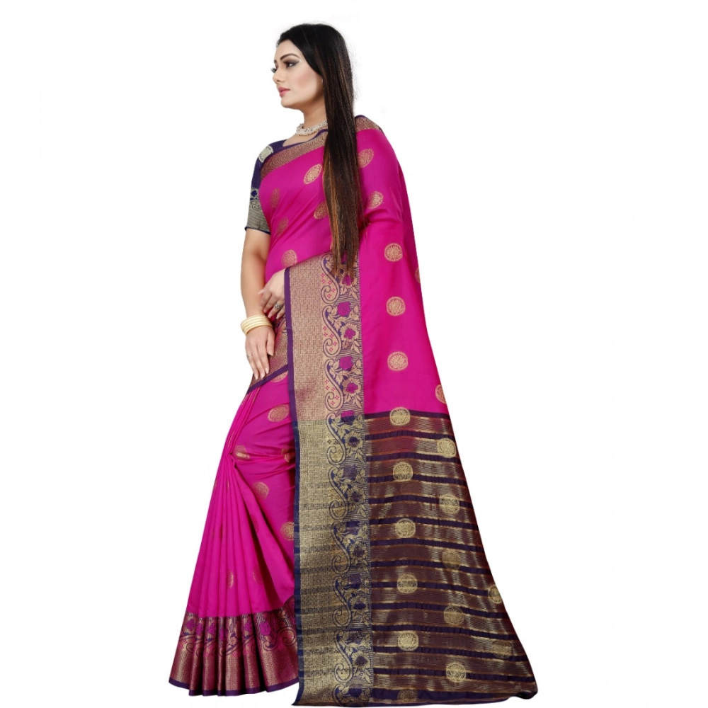 Women's Silk Blend Woven Saree With Unstitched Blouse 5.5Mtr (Blue-Pink) - Image 4