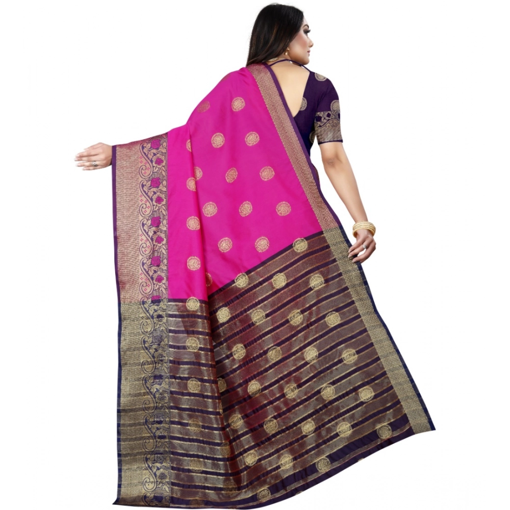 Women's Silk Blend Woven Saree With Unstitched Blouse 5.5Mtr (Blue-Pink) - Image 2