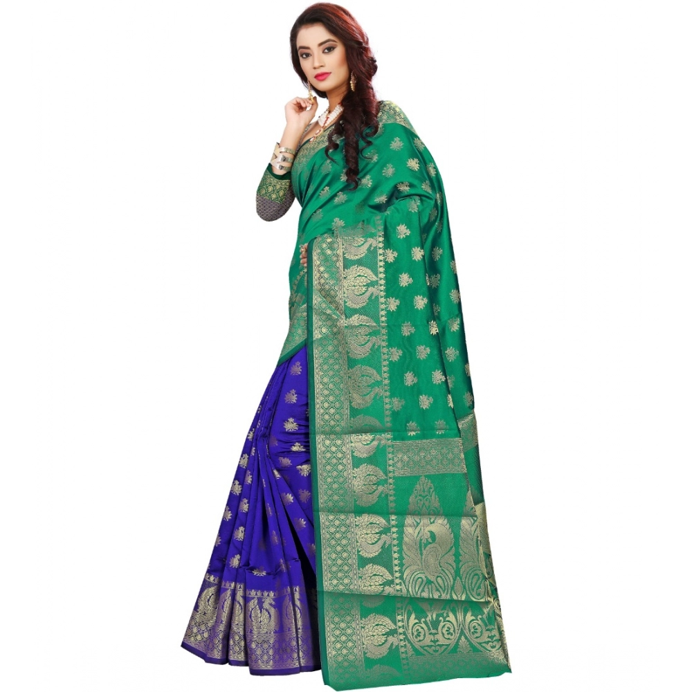 Women's Jacquard Woven Saree With Unstitched Blouse 5.5Mtr (Green) - Image 2