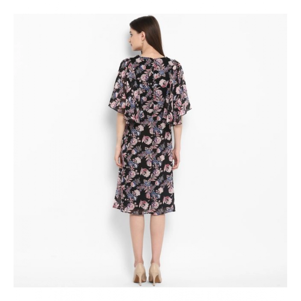 Women's Polyester Floral Short Sleeve Knee-Length Dress (Black - Multicolor) - Image 2
